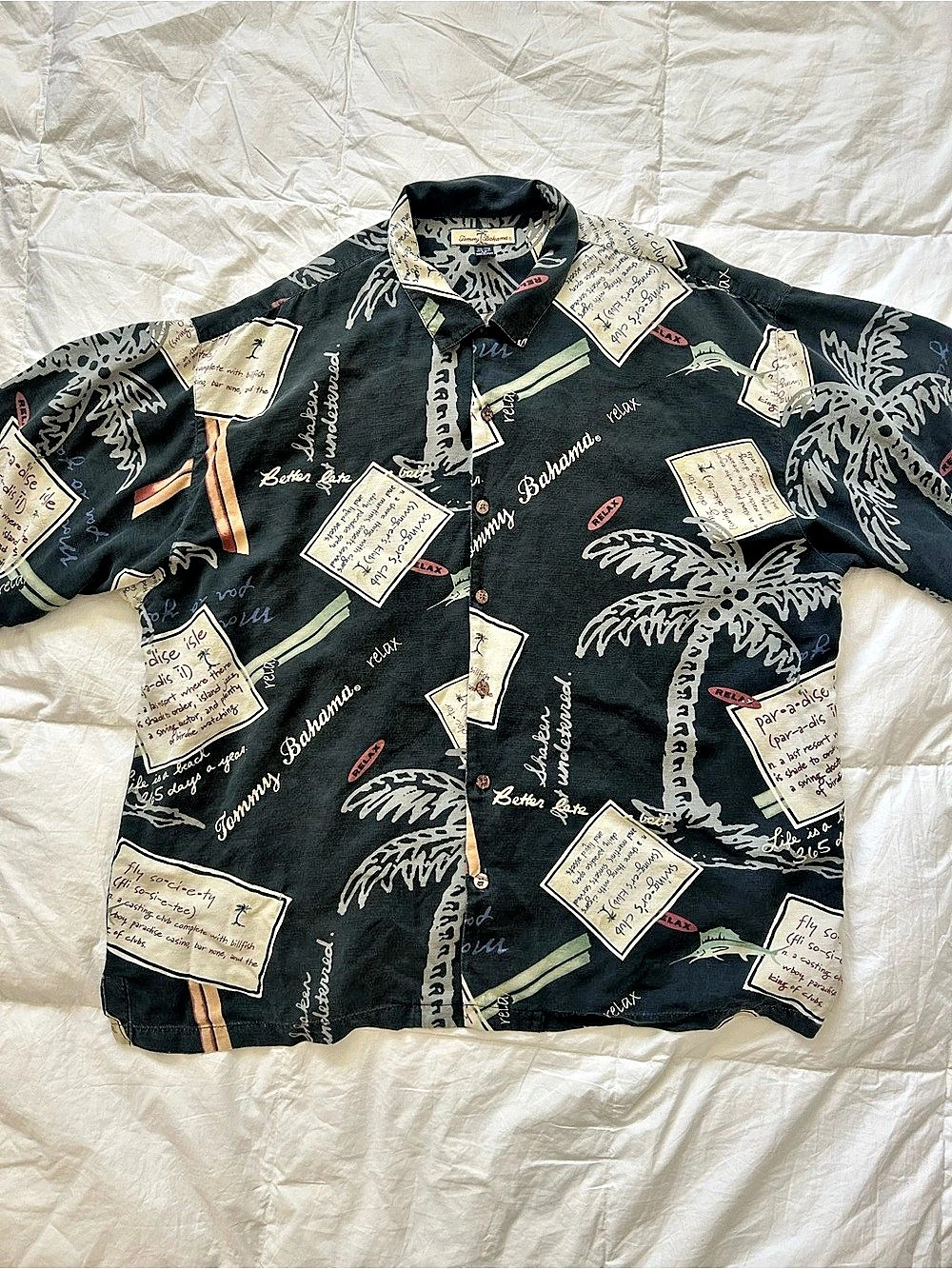 Tommy Bahama Silk Camp Shirt Palm Tree Postcard Print Black XXL Good Condition
